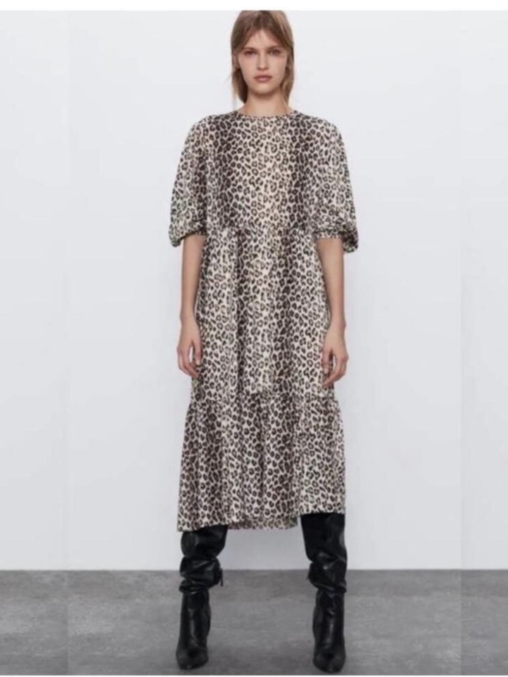 Zara Beige and Black Leopard Midi Dress